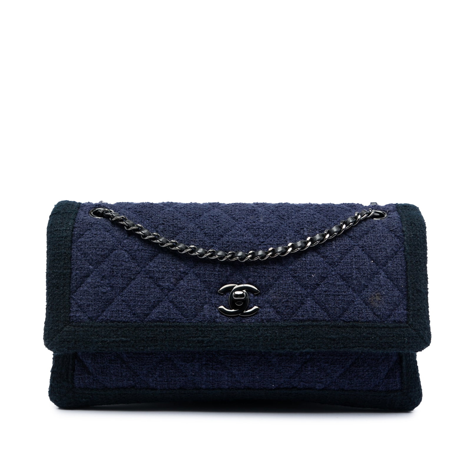 Chanel Accordion Flap Shoulder Bag Blue Quilted Tweed CC (1 of 6)
