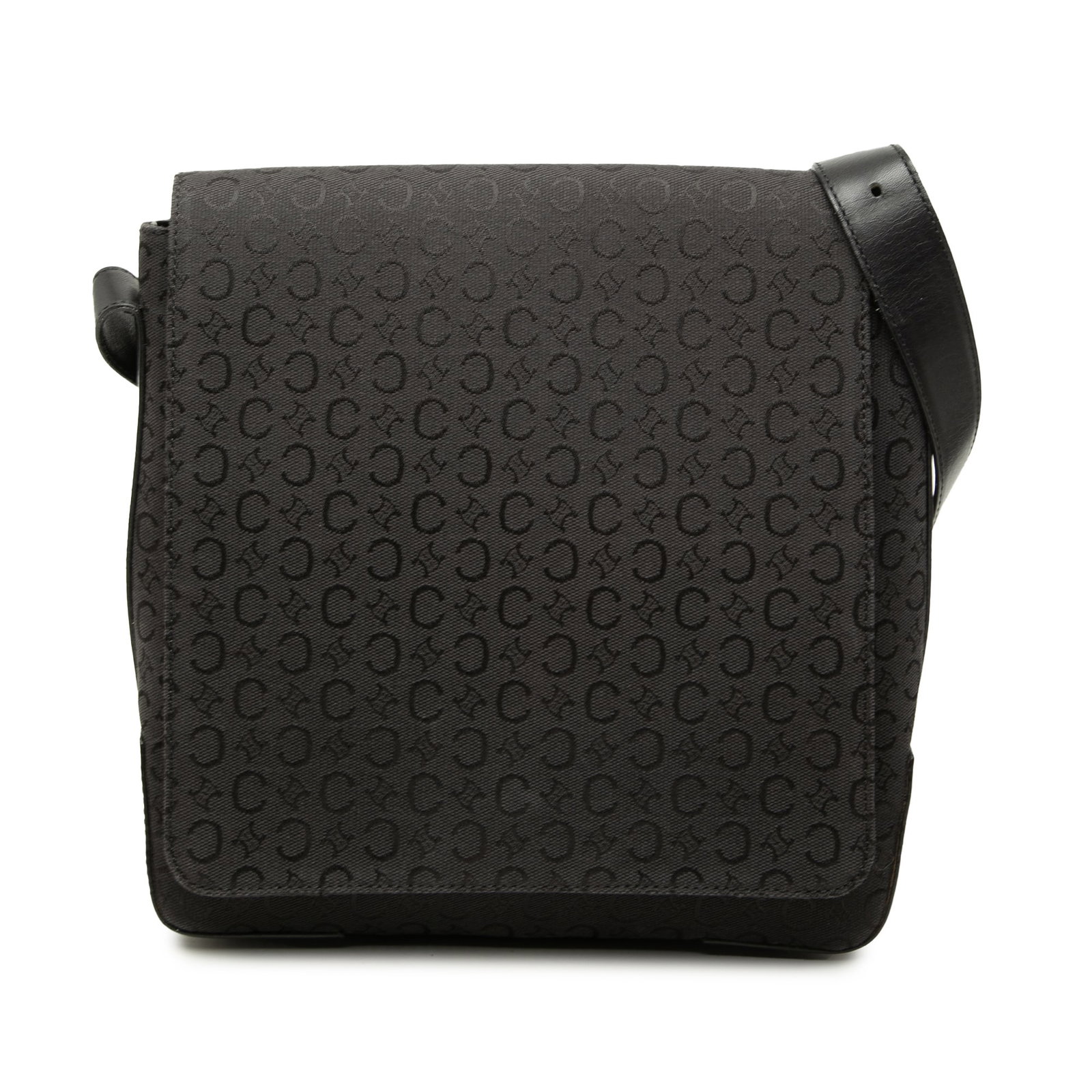 Celine C Macadam shoulder bag in black canvas and leather: Celine C Macadam shoulder bag in black canvas and leather Celine C Macadam shoulder bag crafted with a canvas body and leather trim. It features an adjustable flat leather strap, a front flap with mag
