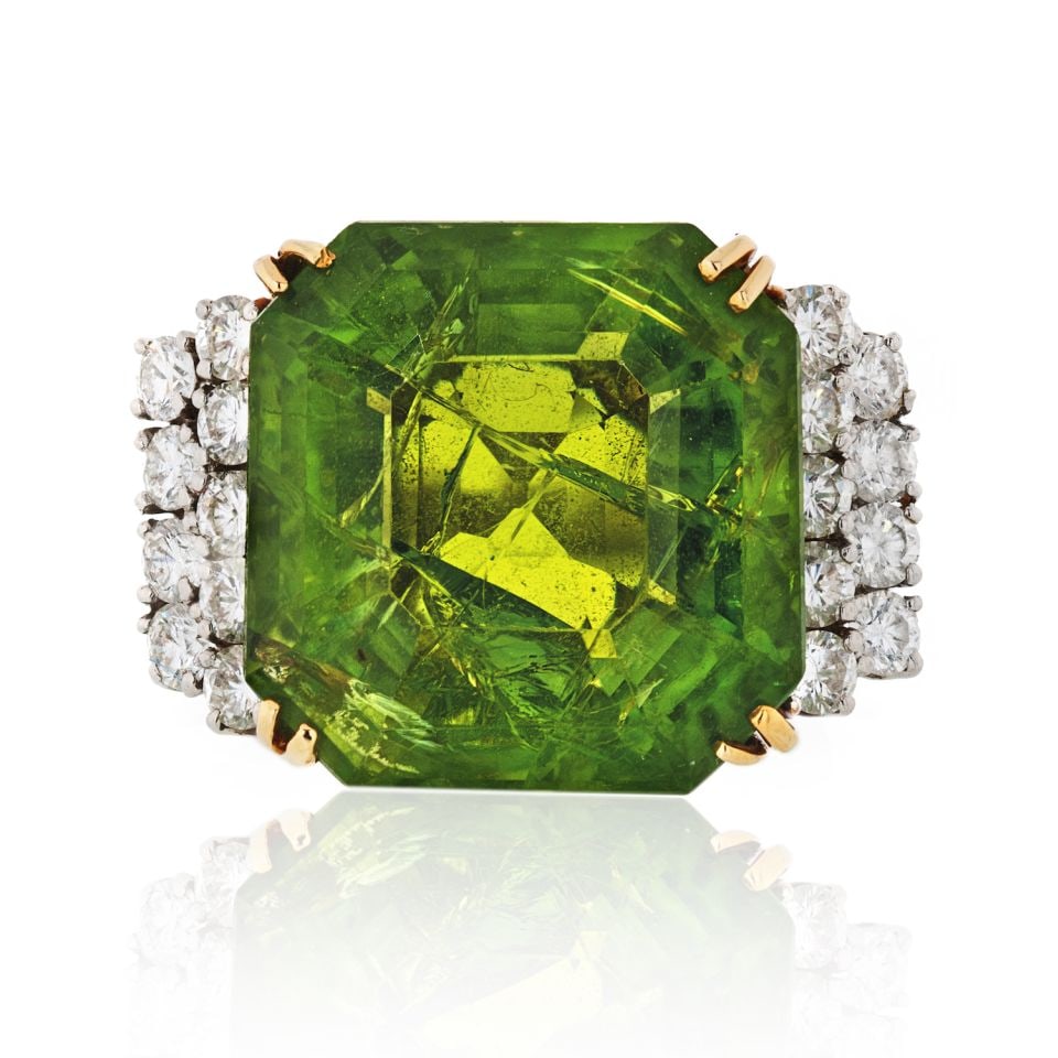 Vibrant 45 Carat Peridot Diamond Estate Ring in Platinum & 18K Gold (1 of 3)
