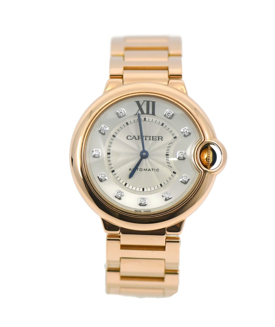 Cartier Ballon Bleu 36mm ladies wristwatch 18K rose gold WE902026: Cartier Ballon Bleu 36mm ladies wristwatch 18K rose gold WE902026 Pre-owned Cartier Ballon Bleu wristwatch with a diamond bezel and analog display. This women's luxury watch features a round polished 