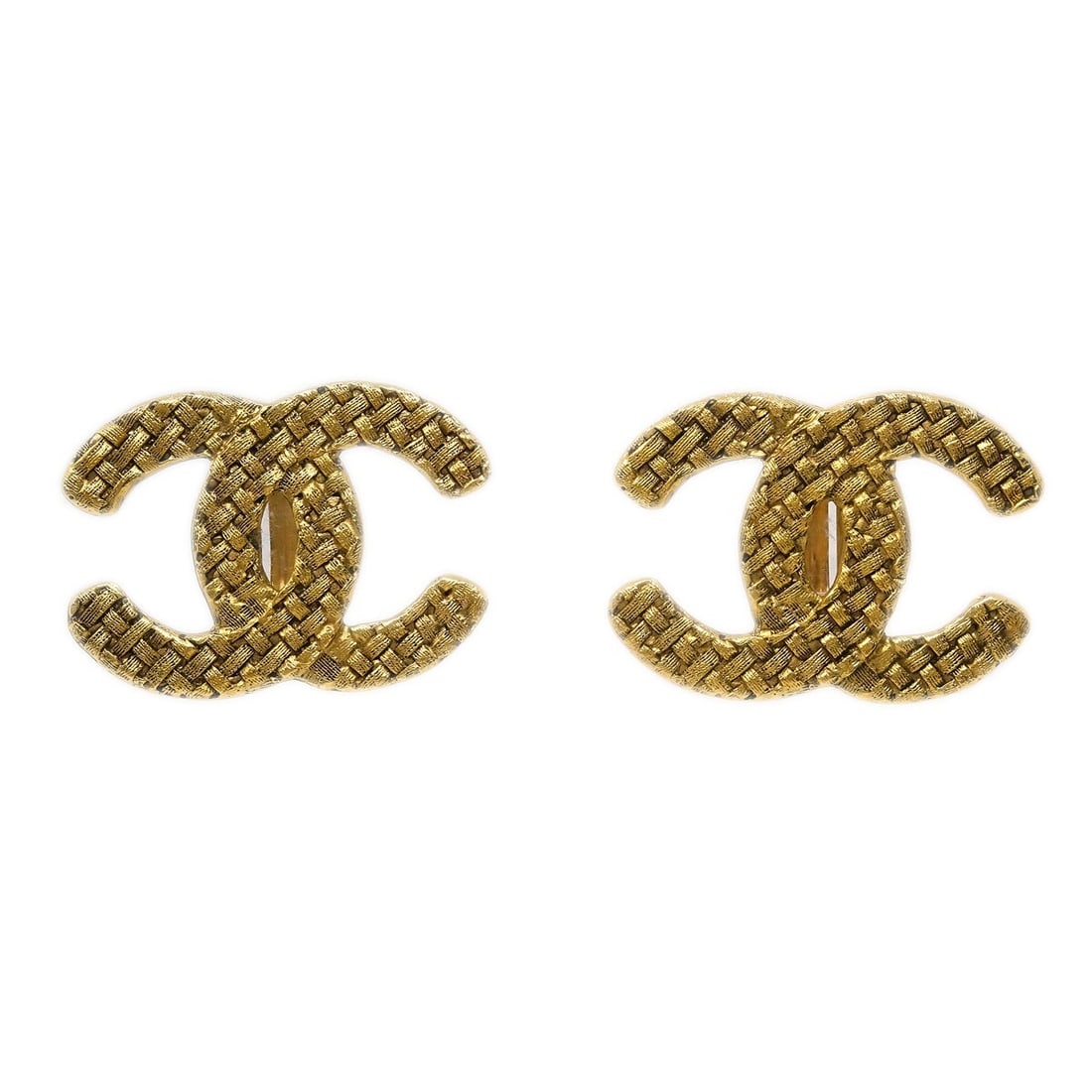 Chanel CC Logo Clip-On Earrings Gold Plated France: Chanel CC Logo Clip-On Earrings Gold Plated France Clip-on Chanel earrings featuring the iconic CC logo in a gold-plated finish. Made in France, this pair has a woven-texture design and comes with a b