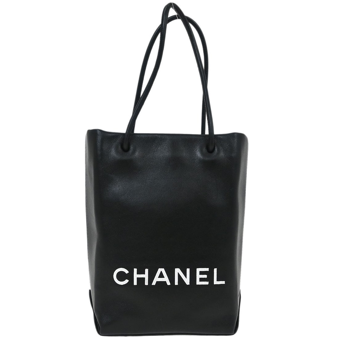 CHANEL Essential Tote Small Black Calfskin Handbag with White Handles: CHANEL Essential Tote Small Black Calfskin Handbag with White Handles Chanel Essential Tote bag in black calfskin leather with white double handles and logo accents. This small women's tote features a