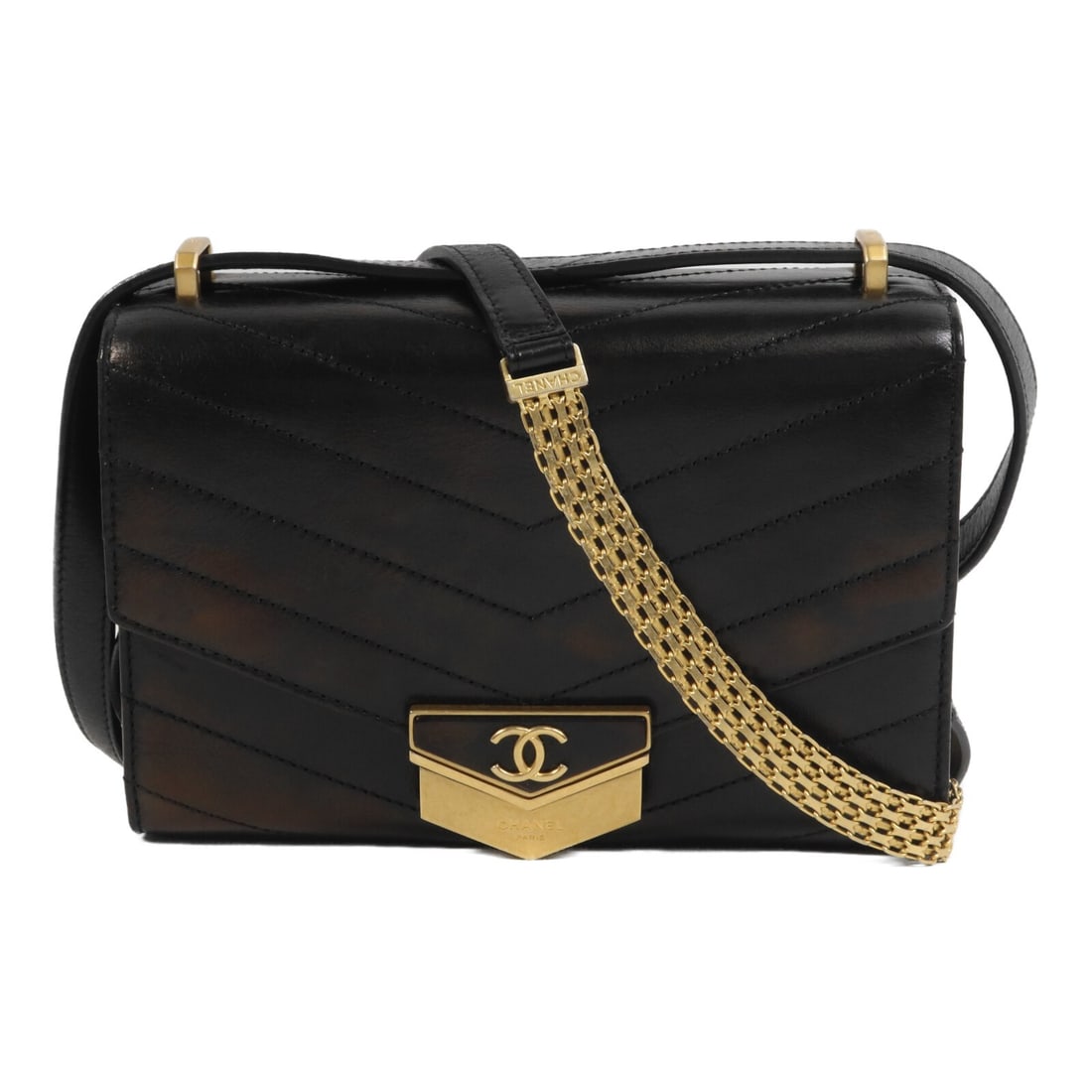 CHANEL Chevron Medal Flap Shoulder Bag Black Calfskin CC GHW: CHANEL Chevron Medal Flap Shoulder Bag Black Calfskin CC GHW Chevron quilted flap shoulder bag in black calfskin leather with CC medal detailing. The bag features an interior card pocket and includes 