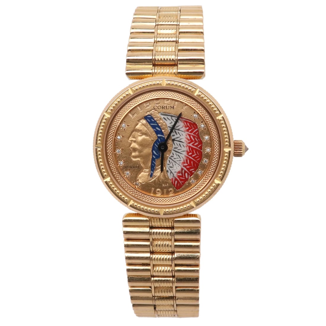 Corum 1 2 Dollars quartz wristwatch in 18K yellow gold: Corum 1 2 Dollars quartz wristwatch in 18K yellow gold Vintage Corum Liberty wristwatch featuring a 1912 Indian Head 2 1/2 Dollars design and quartz movement. This women's luxury watch is in good pre-
