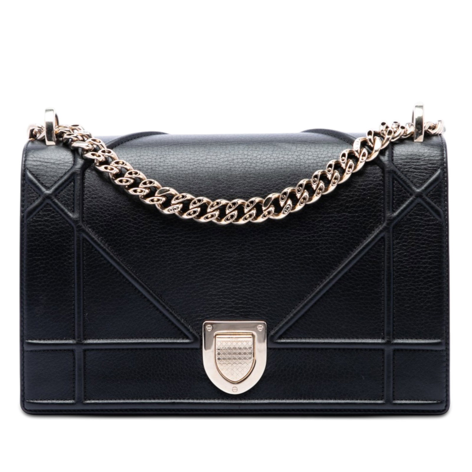 Dior Diorama Medium Calfskin Shoulder Bag Black: Dior Diorama Medium Calfskin Shoulder Bag Black Medium Diorama flap bag in black calfskin with a leather body, gold-tone curb chain link shoulder strap, front flap, push-lock closure, and interior zip