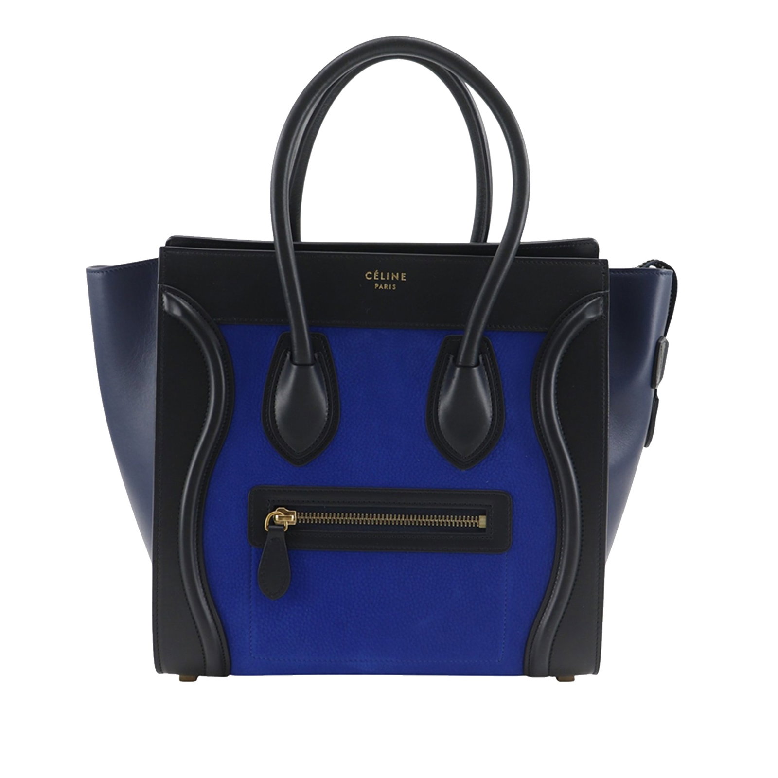 Celine Luggage Tote Micro Tricolor Blue Nubuck Calfskin Bag: Celine Luggage Tote Micro Tricolor Blue Nubuck Calfskin Bag Celine Micro Tricolor Luggage Tote crafted in nubuck and calfskin leather. This tote features rolled leather handles, a top zip closure, an 