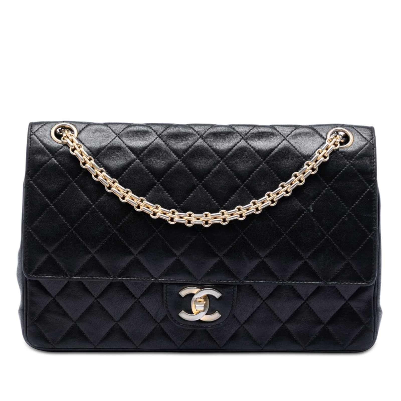Chanel Medium Double Flap Shoulder Bag Black Quilted Lambskin: Chanel Medium Double Flap Shoulder Bag Black Quilted Lambskin Chanel Medium CC Quilted Lambskin Bijoux Chain Double Flap shoulder bag in black lambskin. This bag features a quilted body, leather-woven