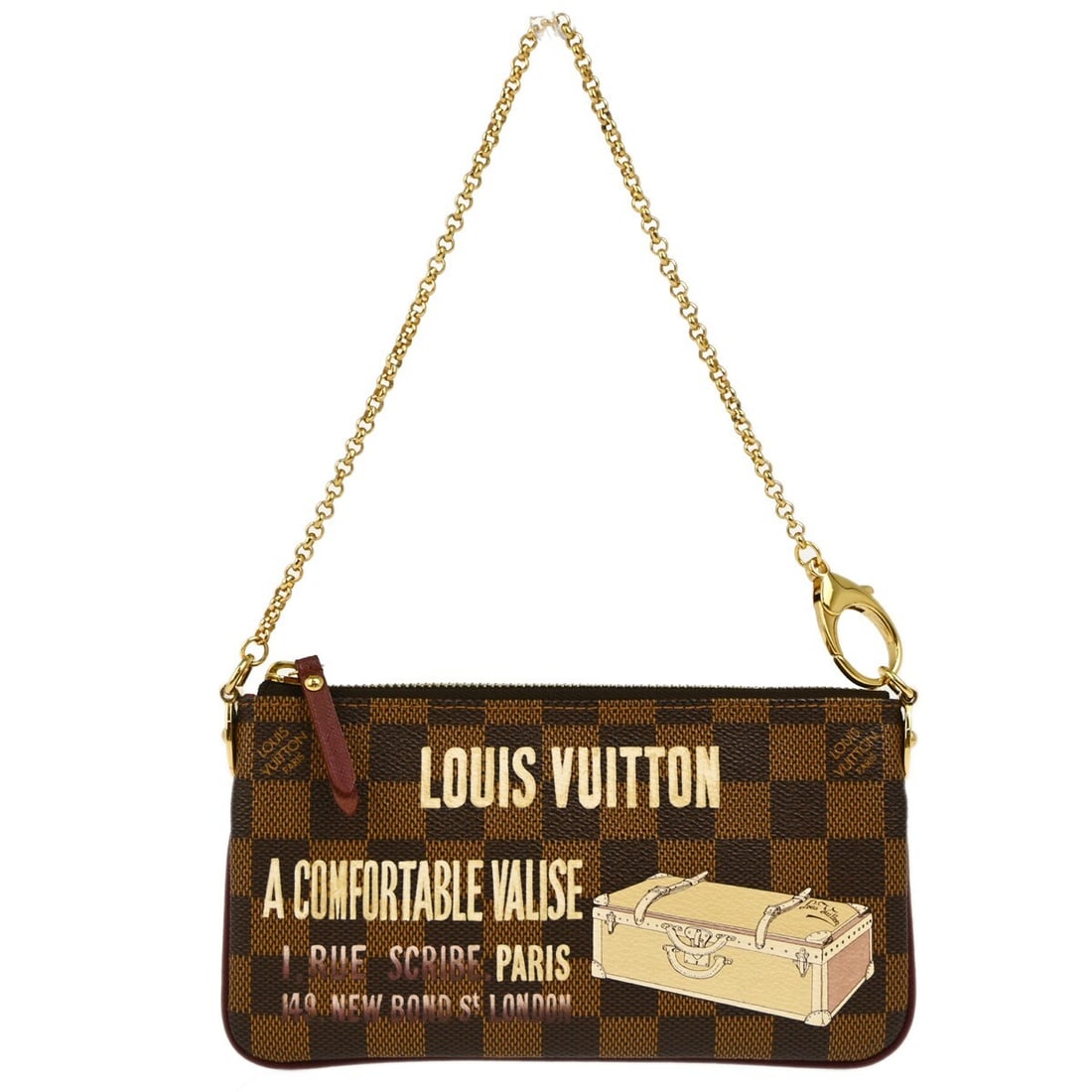 Louis Vuitton Pochette Milla MM Brown Damier Canvas Mini Handbag N63091: Louis Vuitton Pochette Milla MM Brown Damier Canvas Mini Handbag N63091 Louis Vuitton Pochette Milla MM handbag in brown Damier canvas with leather trim. This mini top-handle bag features a zip closur