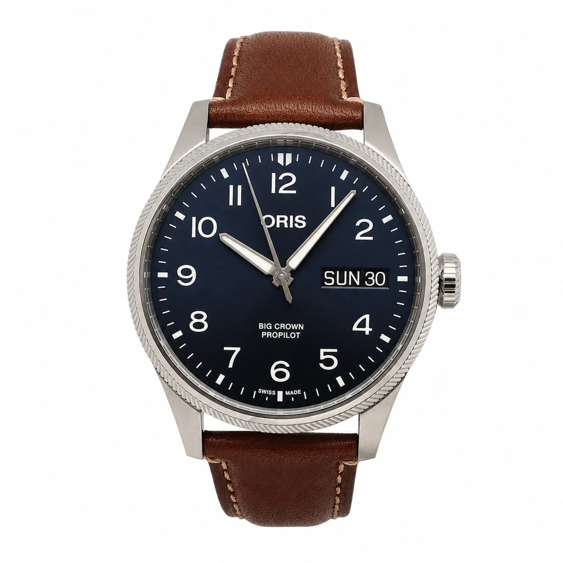 Oris Big Crown ProPilot Big Day Date blue dial steel wristwatch: Oris Big Crown ProPilot Big Day Date blue dial steel wristwatch Oris Big Crown ProPilot Big Day Date men's wristwatch with a blue analog dial and automatic Swiss movement. This unworn watch features a