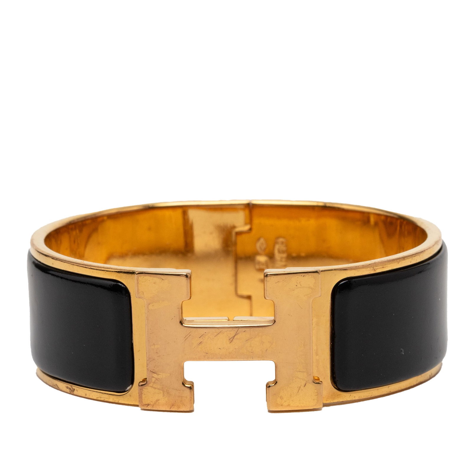 Hermes black enamel gold plated cuff bracelet GM (1 of 6)