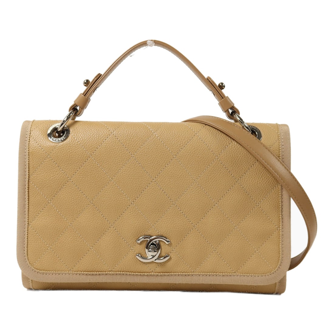 CHANEL A57404 beige calfskin 2 way chain shoulder bag SHW: CHANEL A57404 beige calfskin 2 way chain shoulder bag SHW Chanel 2-way shoulder bag in beige calfskin leather with CC turn-lock closure and chain shoulder strap. Designed for women, this model A57404 