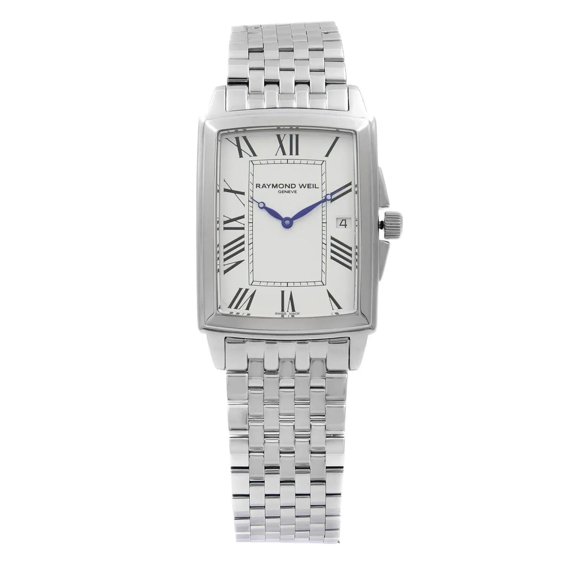 Raymond Weil 5597-ST-00300 Tradition mens quartz steel wristwatch: Raymond Weil 5597-ST-00300 Tradition mens quartz steel wristwatch Pre-owned Raymond Weil Tradition men's wristwatch with a white Roman numeral dial and quartz movement. This analog watch features a re