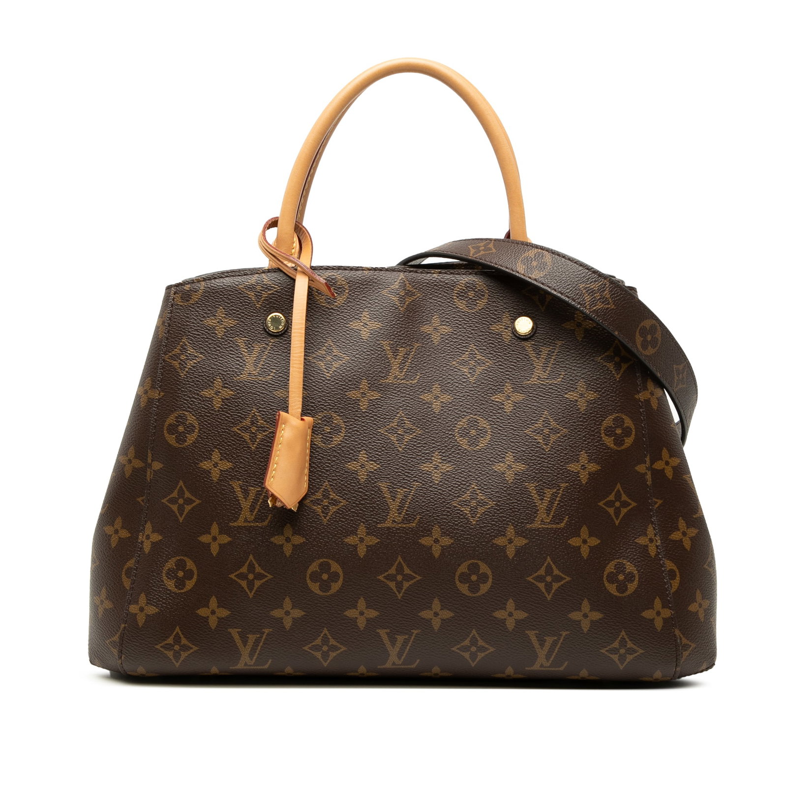 Louis Vuitton Montaigne MM monogram canvas handbag: Louis Vuitton Montaigne MM monogram canvas handbag Louis Vuitton Monogram Montaigne MM handbag crafted with a monogram canvas body, rolled vachetta leather handles, and a flat monogram canvas strap. T