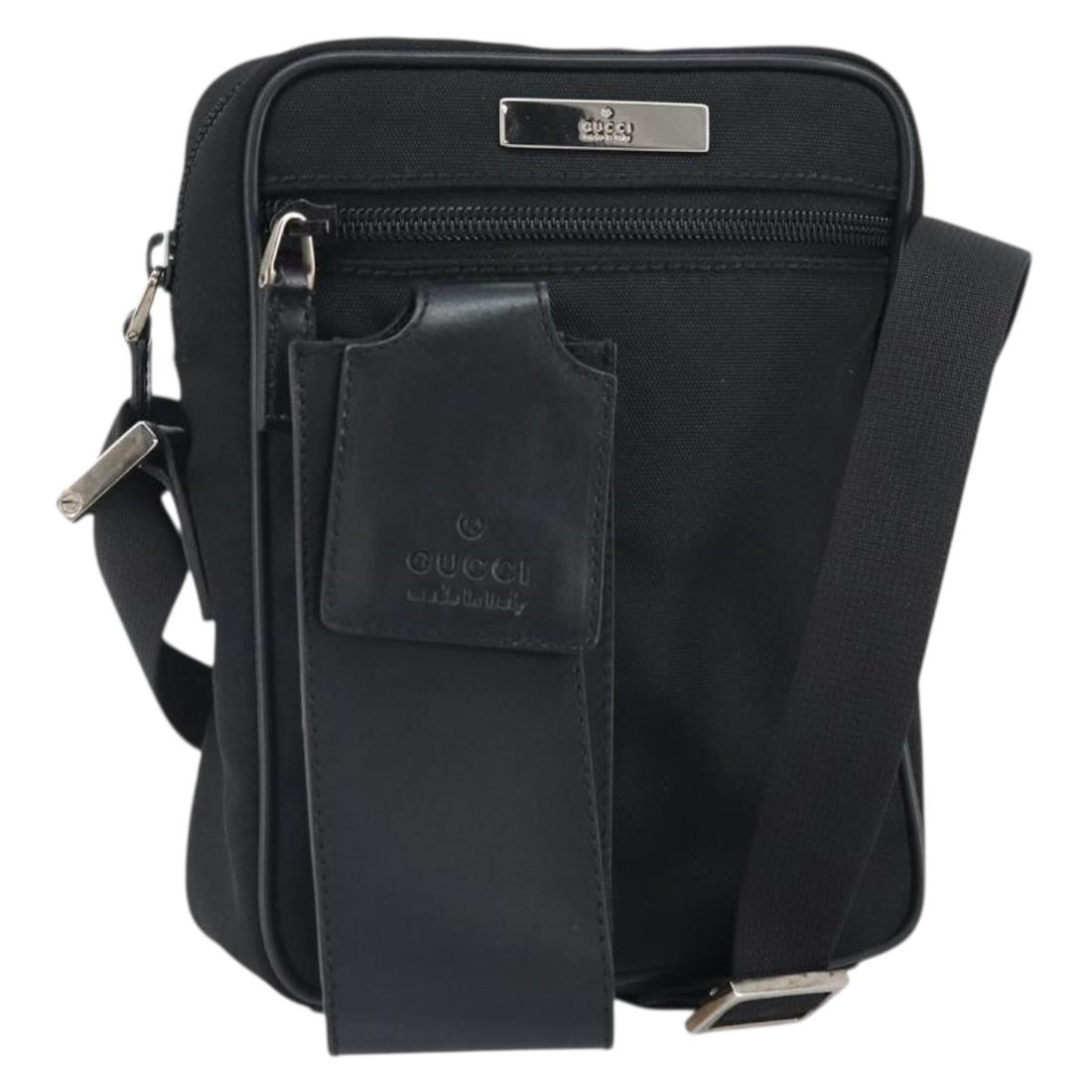 Gucci 018 1619 Black Nylon Shoulder Bag Silver Tone: Gucci 018 1619 Black Nylon Shoulder Bag Silver Tone Black nylon Gucci shoulder bag with silver-tone accents and an adjustable shoulder strap. Made in Italy, this women's bag is offered without the ori