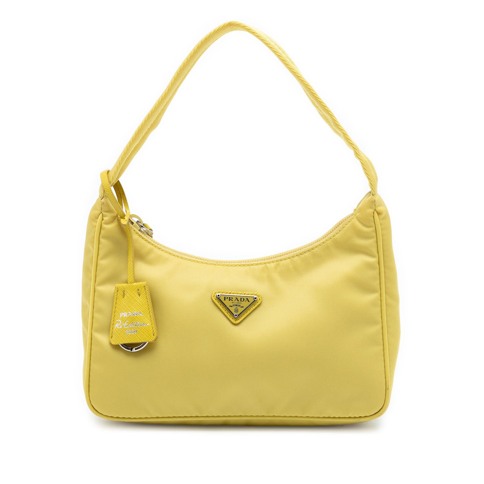 Prada Re Edition 2000 Mini Tessuto Nylon Shoulder Bag: Prada Re Edition 2000 Mini Tessuto Nylon Shoulder Bag Prada Mini Tessuto Re Edition 2000 shoulder bag in yellow fabric with a flat shoulder strap and top zip closure. Made in Italy. Condition AB with 