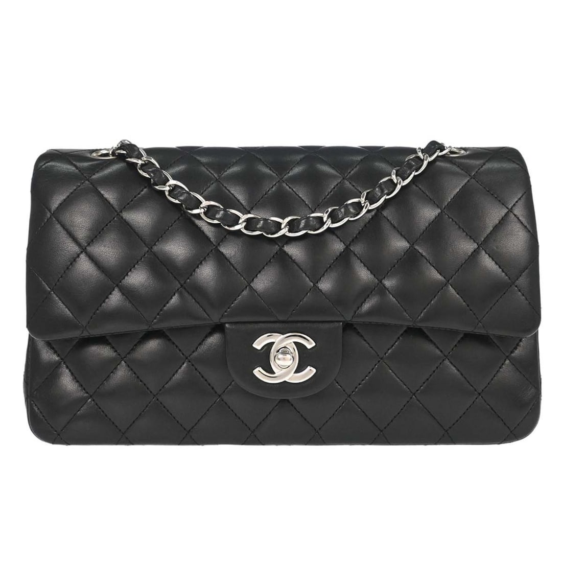 CHANEL Classic Double Flap Medium Shoulder Bag Black Lambskin: CHANEL Classic Double Flap Medium Shoulder Bag Black Lambskin Chanel Medium Classic Double Flap shoulder bag in black lambskin leather with a turn-lock closure and shoulder strap. This women's bag fea