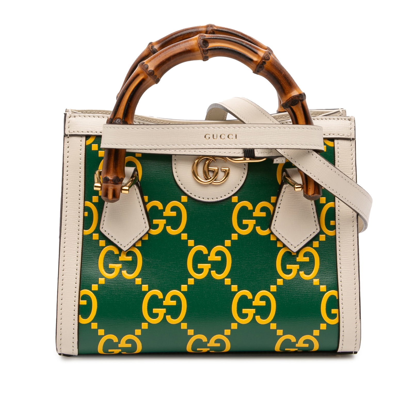 Gucci Green Bamboo Diana Mini Satchel Leather: Gucci Green Bamboo Diana Mini Satchel Leather This Gucci Mini Leather Bamboo GG Diana Satchel features a printed leather body in green, distinctive bamboo handles, a detachable flat leather strap, and