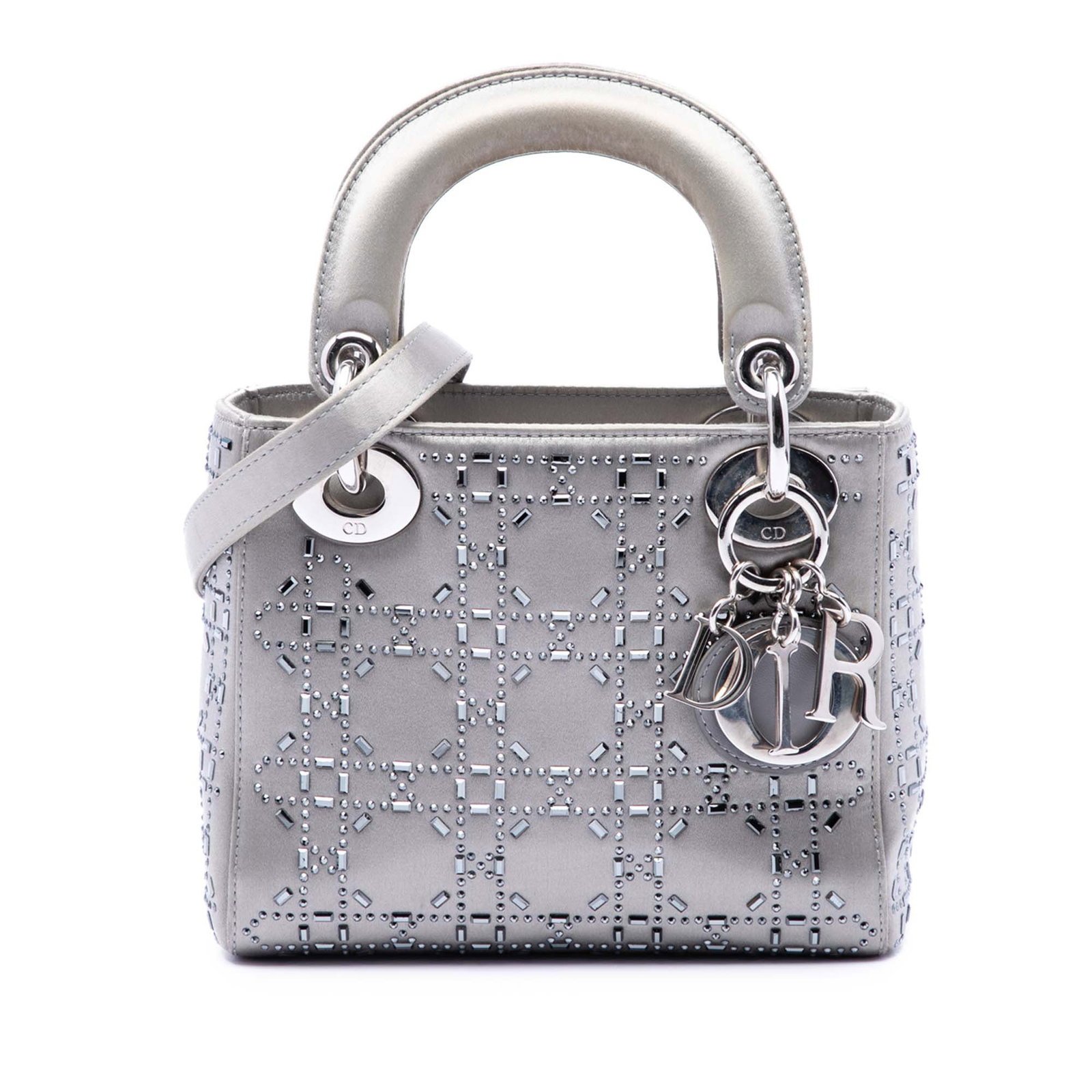 Dior Lady Dior Mini gray satin handbag with crystal cannage: Dior Lady Dior Mini gray satin handbag with crystal cannage Mini Lady Dior bag in gray satin with crystal embellishments. It features flat satin handles, a detachable flat strap, a fold-in flap closur