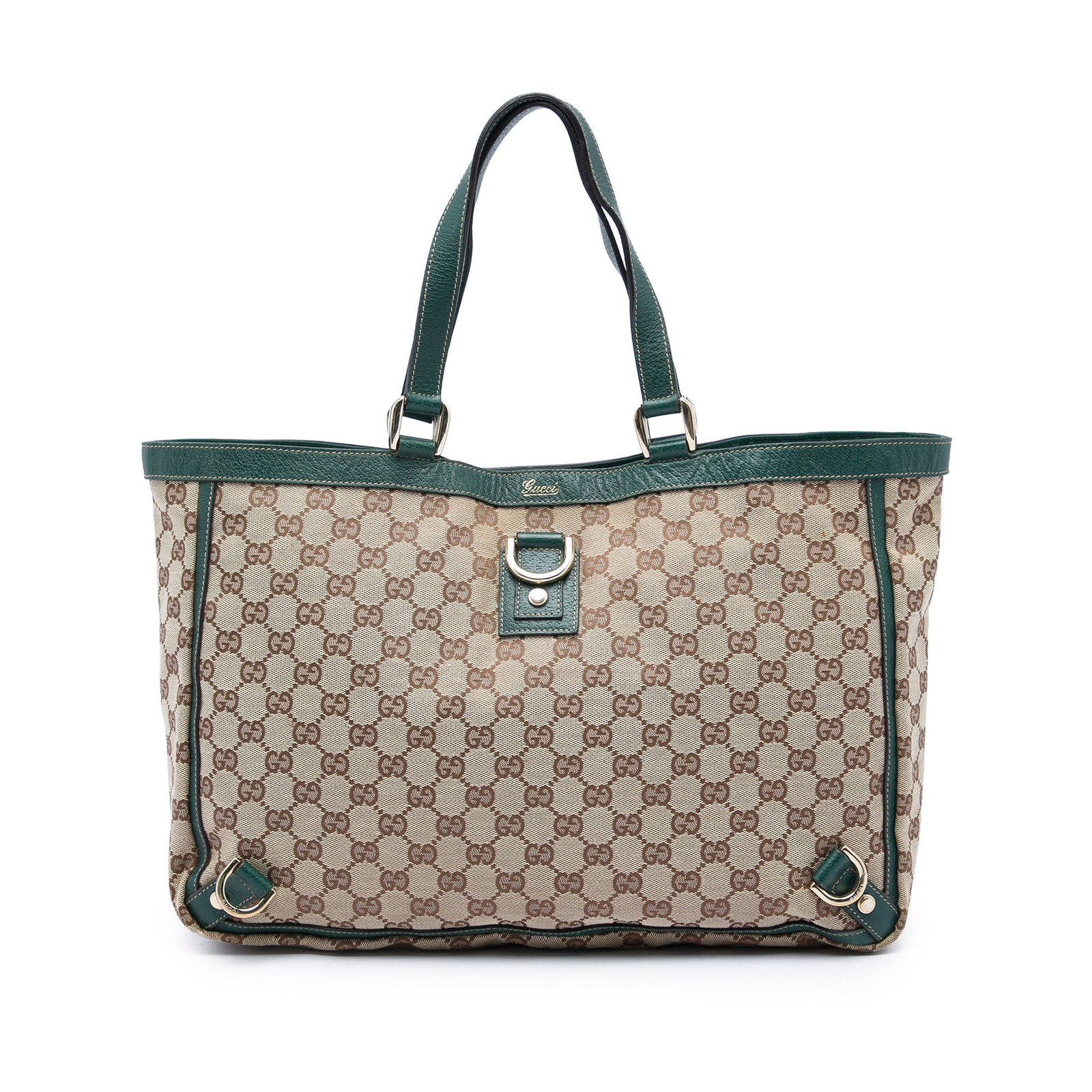 Gucci Abbey D Ring Tote in Beige GG Canvas: Gucci Abbey D Ring Tote in Beige GG Canvas Gucci Abbey D Ring tote in beige GG canvas with leather trim and flat leather handles. The bag features an open top with magnetic snap closure, along with in