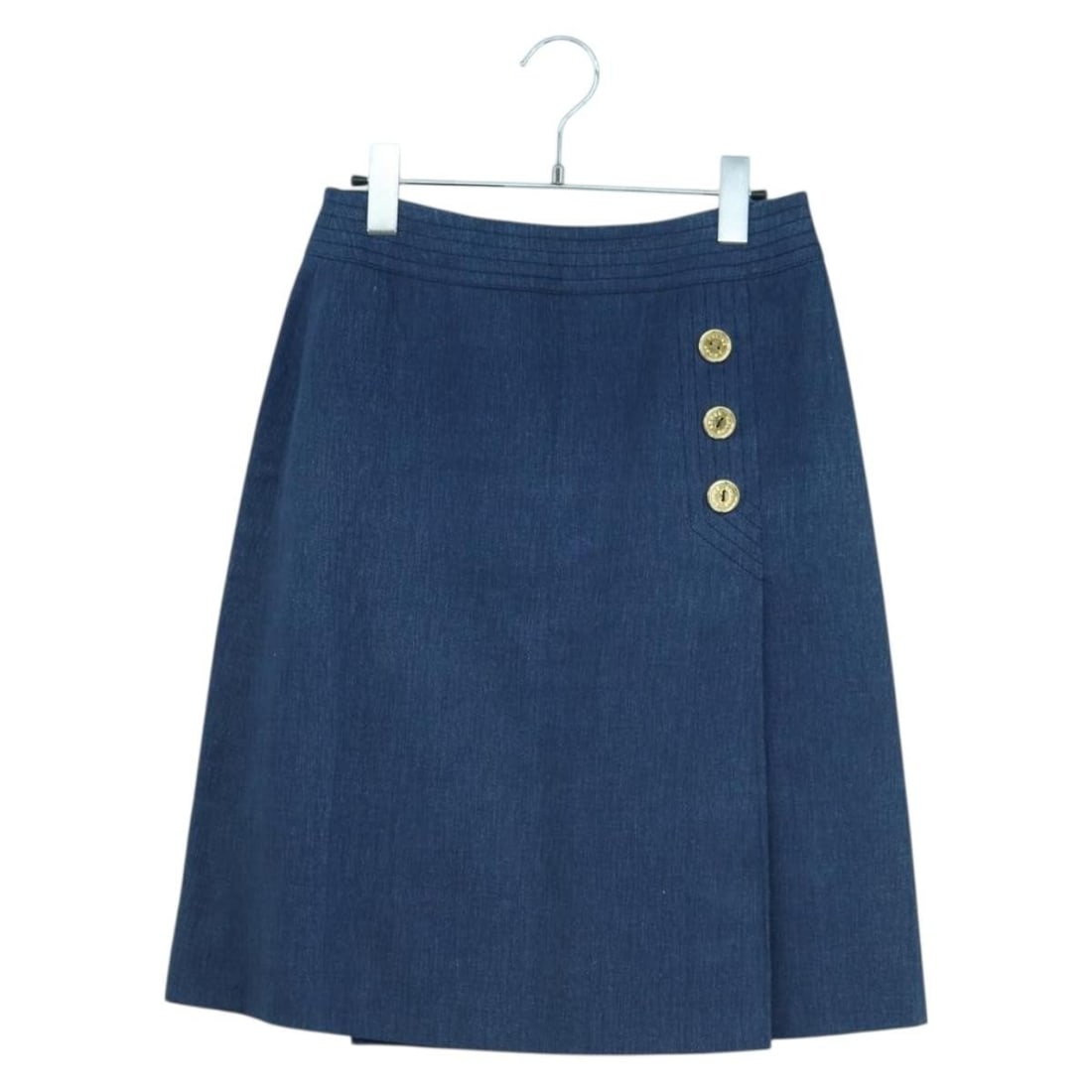 CELINE Blue Gold Canvas Skirt Made in France: CELINE Blue Gold Canvas Skirt Made in France Authentic CELINE women's denim skirt in blue and gold canvas, made in France. This skirt has a very good overall condition rating, with slight rubbing and 