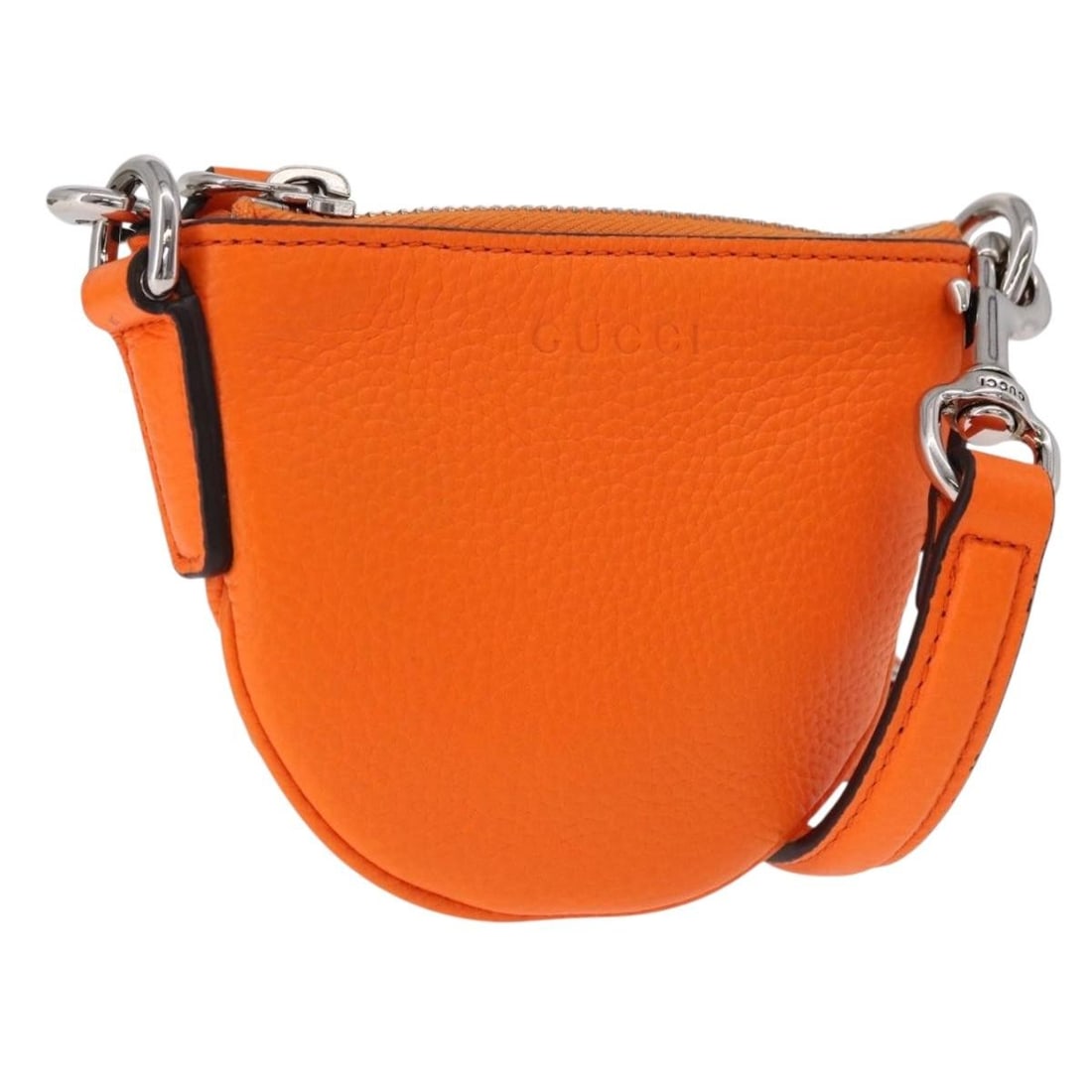 GUCCI 821831 leather shoulder bag orange silver tone web detail: GUCCI 821831 leather shoulder bag orange silver tone web detail GUCCI shoulder pouch from the Sherry Line, made of leather in orange and silver. This women's shoulder bag measures approximately 13 cm 