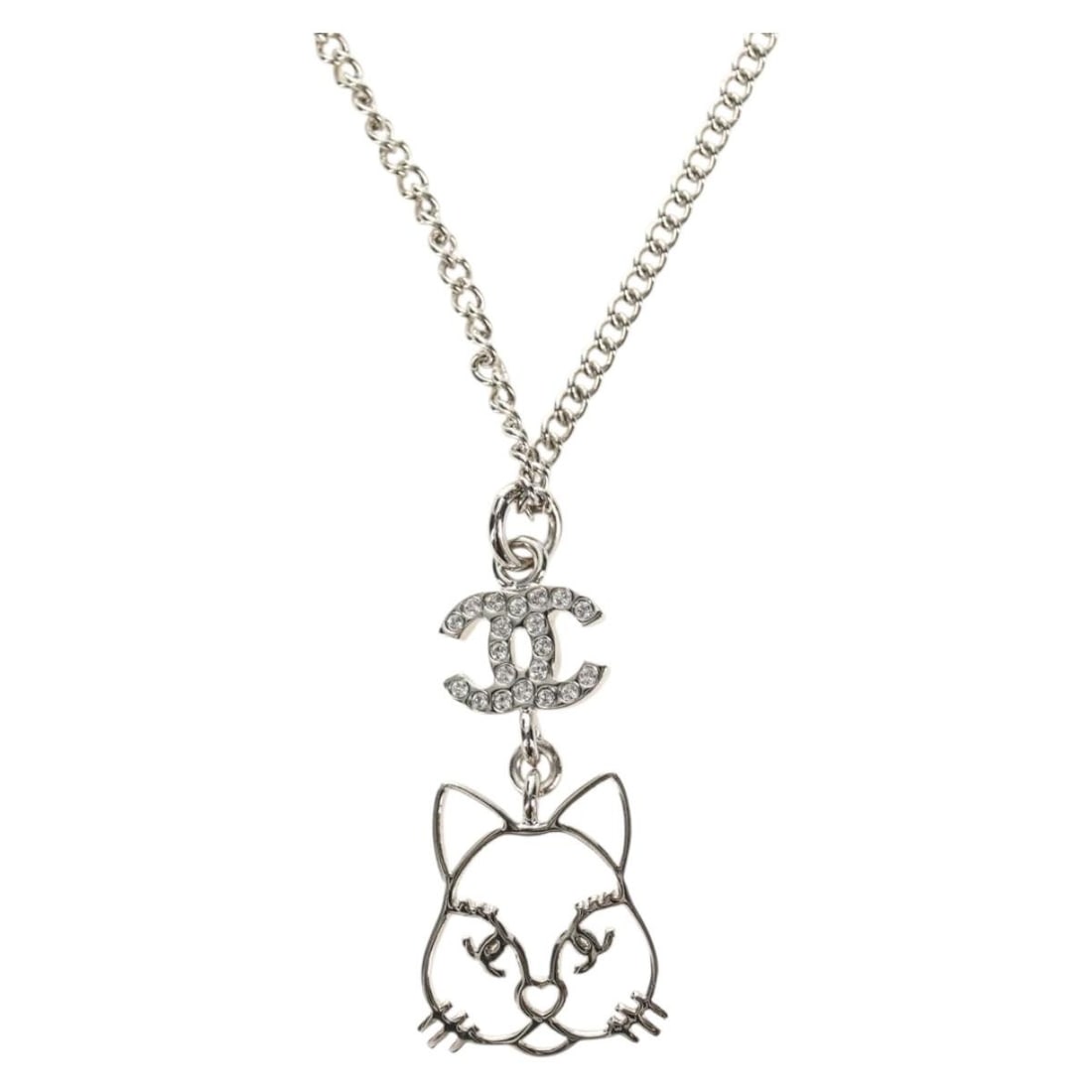 CHANEL CC Coco Cat Silver Metal Necklace: CHANEL CC Coco Cat Silver Metal Necklace Chanel Coco Mark cat necklace in silver-tone metal. Made in Italy, this women's necklace comes with its item box and is noted as being in excellent condition w