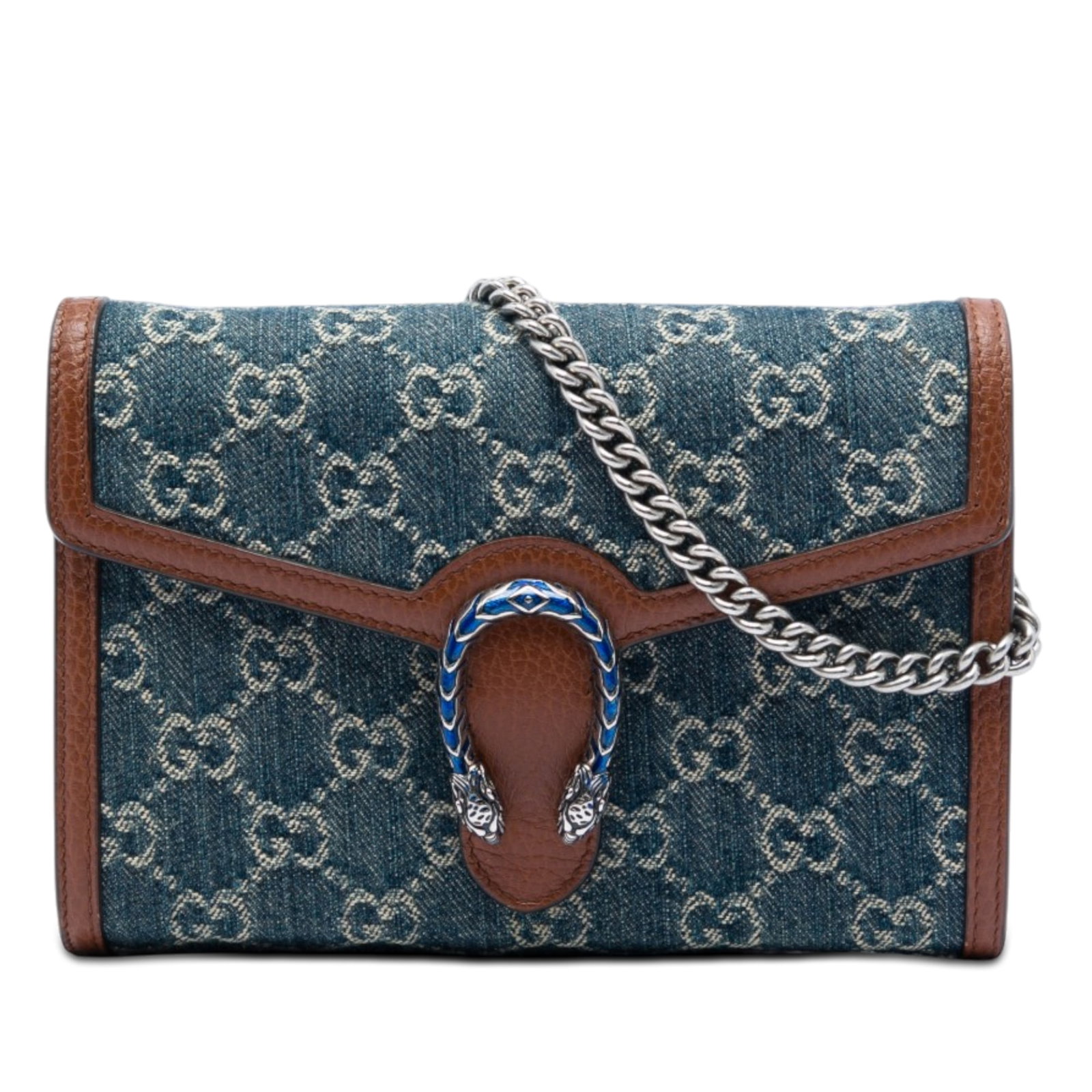 Gucci Dionysus Wallet on Chain in GG Denim Blue: Gucci Dionysus Wallet on Chain in GG Denim Blue Gucci GG Denim Dionysus Wallet on Chain crafted with a denim body and leather trim. It features a silver-tone chain strap, a front flap with snap closur