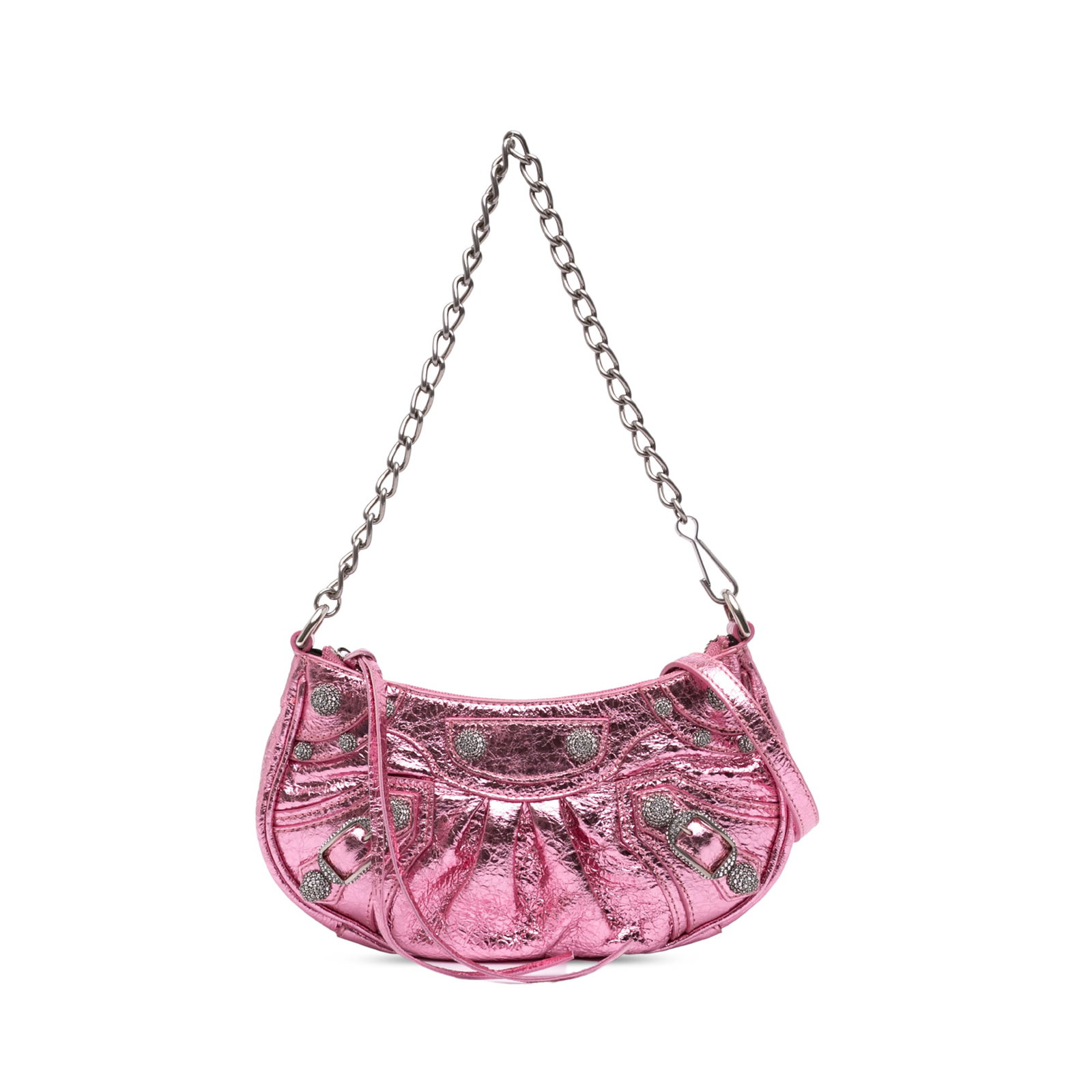 Balenciaga Le Cagole Mini Metallic Lambskin Crossbody Bag: Balenciaga Le Cagole Mini Metallic Lambskin Crossbody Bag Balenciaga Mini Metallic Lambskin Motocross Le Cagole crossbody bag in pink metallic lambskin leather. This bag features crystal-embellished s