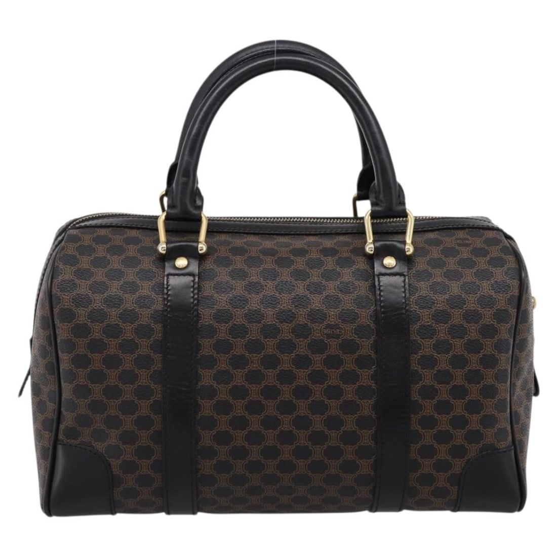 CELINE Macadam Boston Bag in Black PVC Leather with Dust Bag: CELINE Macadam Boston Bag in Black PVC Leather with Dust Bag Authentic CELINE Macadam canvas Boston bag crafted in PVC leather with a black and gold colorway. This women's handbag includes a dust bag 
