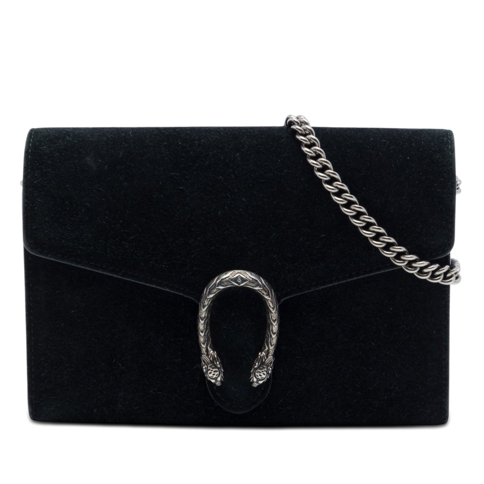 Gucci Dionysus suede wallet on chain black crossbody: Gucci Dionysus suede wallet on chain black crossbody Gucci Dionysus wallet on chain crafted with a suede body and chain link shoulder strap. The design features a front flap with snap button closure, 