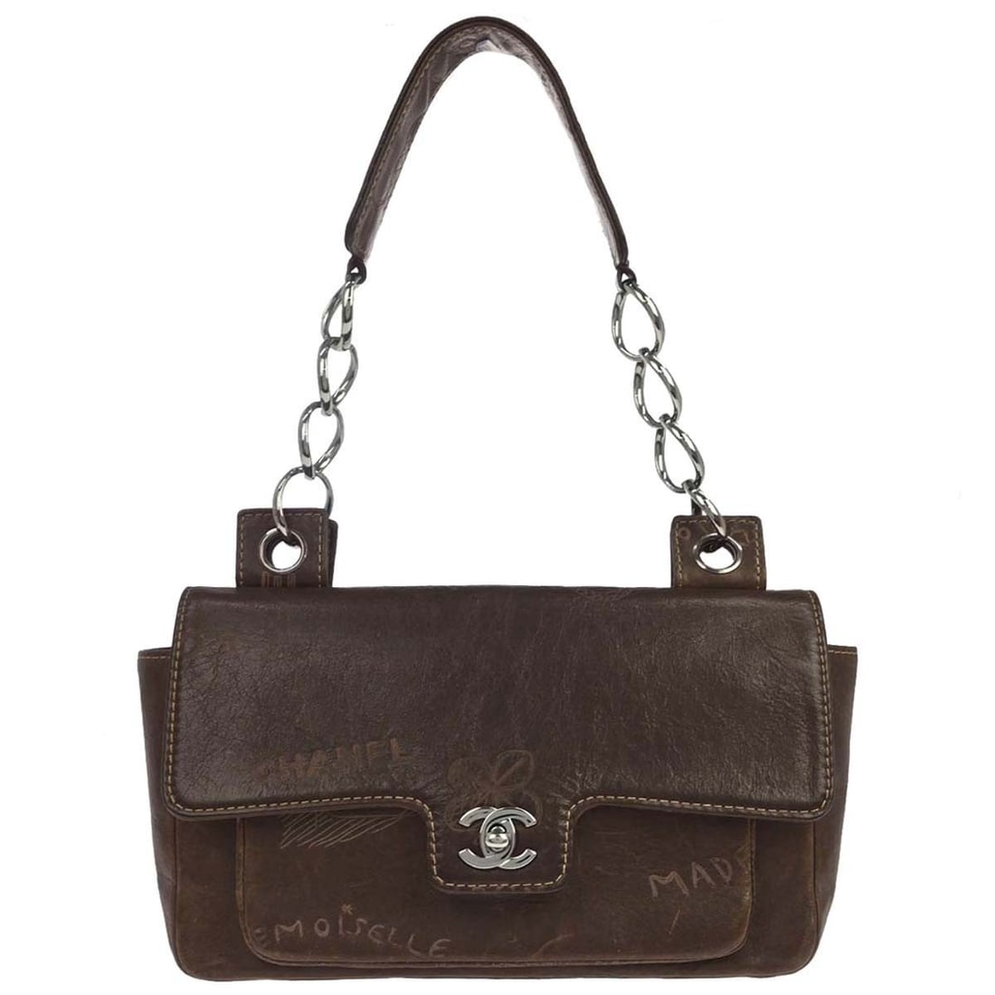 CHANEL Graffiti Brown Calfskin Leather Medium Handbag: CHANEL Graffiti Brown Calfskin Leather Medium Handbag Chanel Graffiti handbag in brown calfskin leather. This medium women's handbag features a structured silhouette with one exterior pocket and an in
