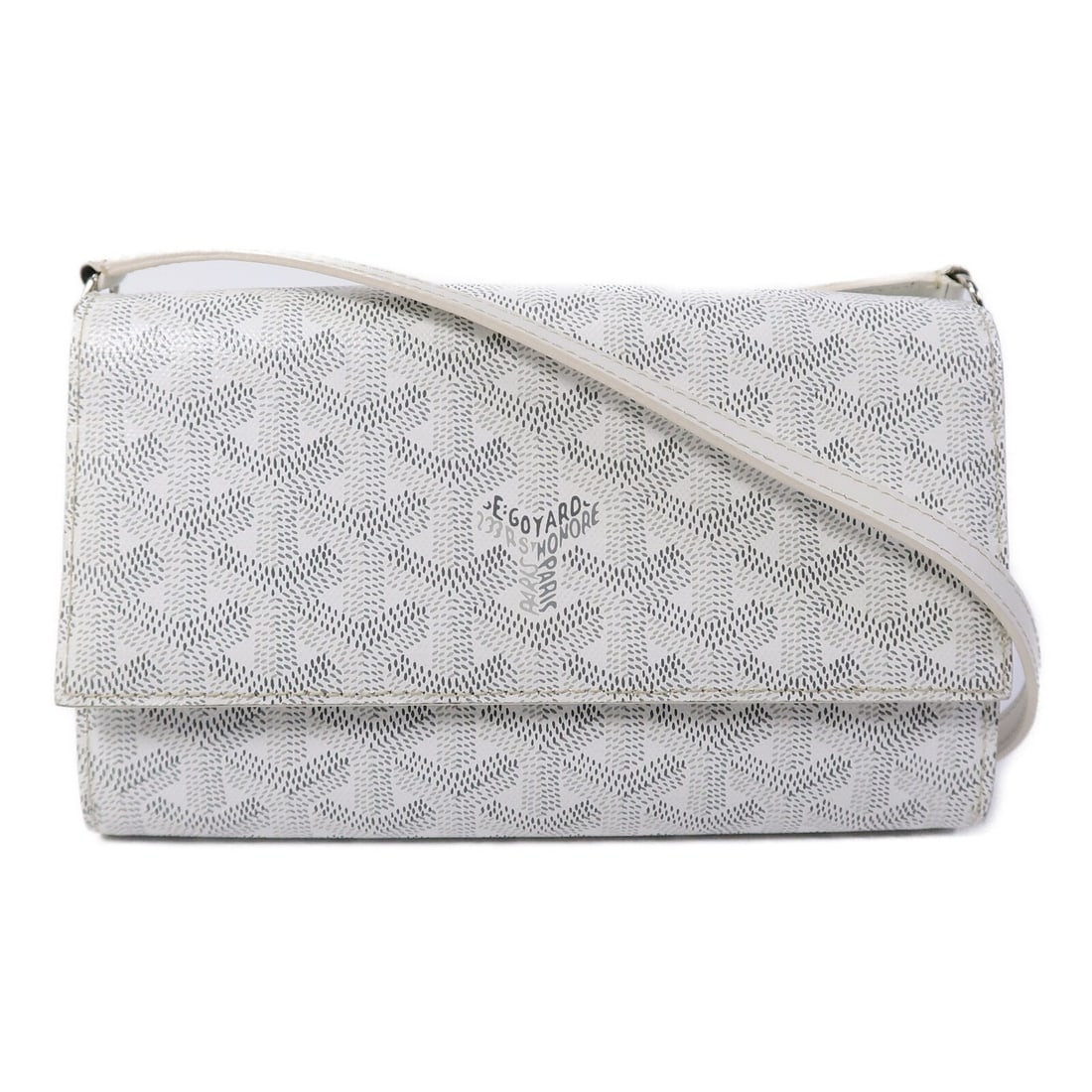 Goyard Varenne Continental Wallet Shoulder Bag White Coated Canvas: Goyard Varenne Continental Wallet Shoulder Bag White Coated Canvas A Goyard Varenne continental wallet shoulder bag in white PVC coated canvas, designed for women. It features a shoulder strap, hook b