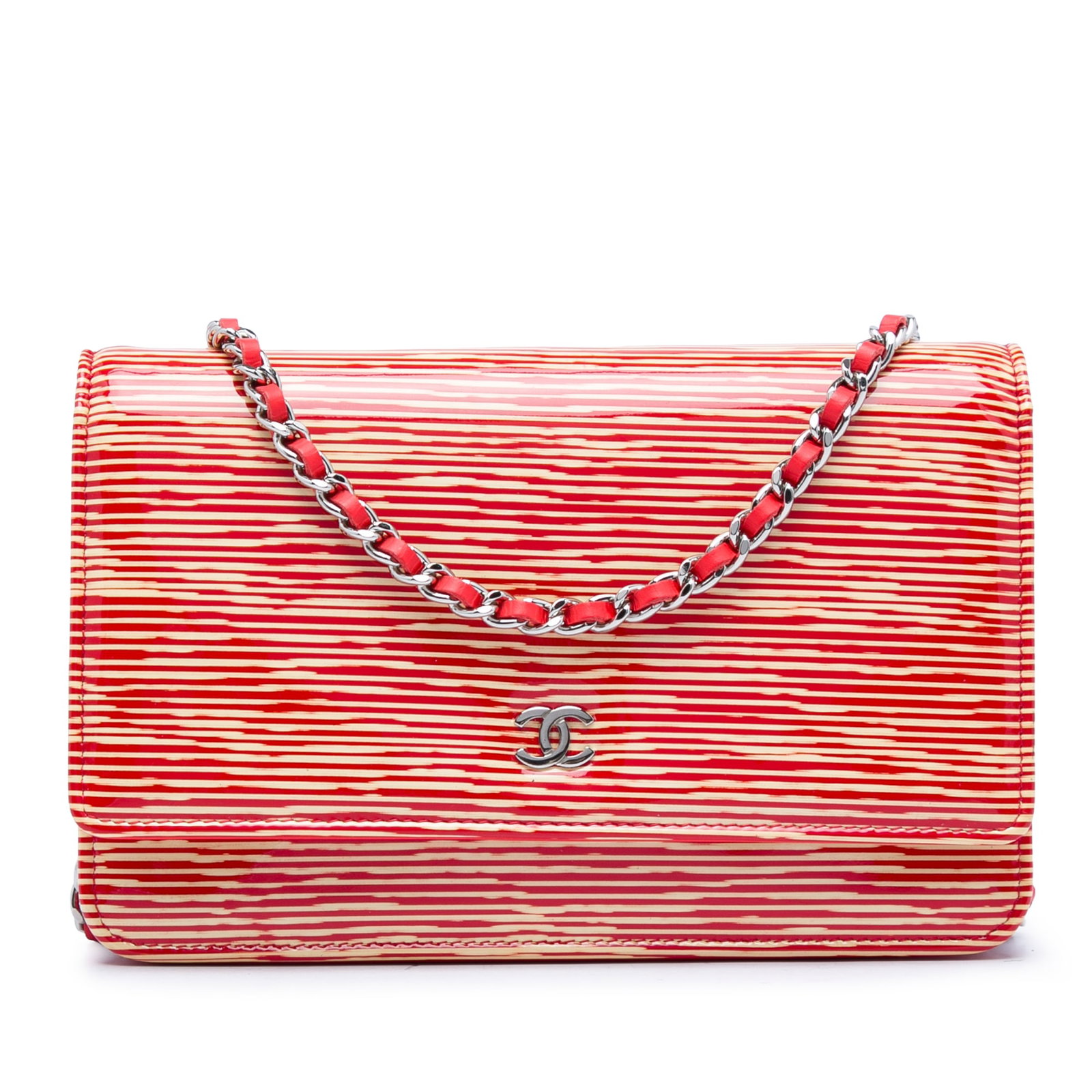 Chanel CC Striped Patent Wallet on Chain Red Leather (1 of 7)