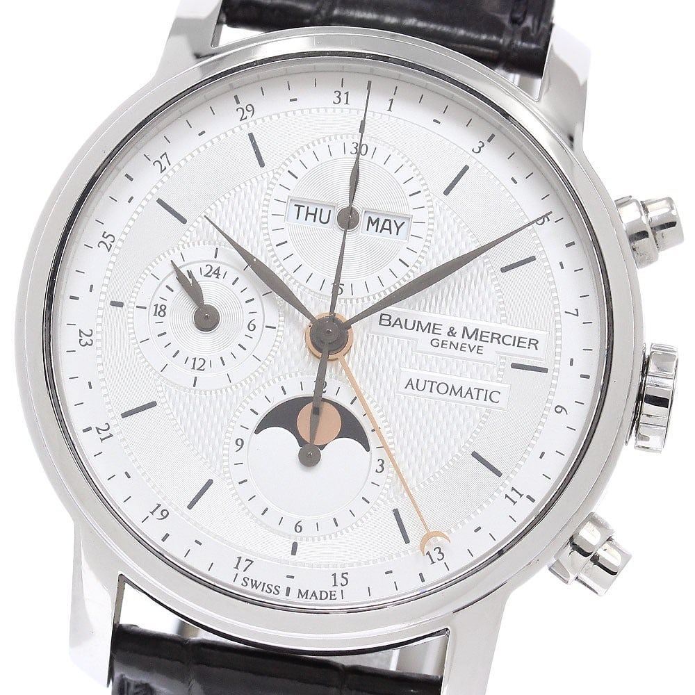 BAUME&MERCIER Classima M0A08870 mens moon phase chronograph watch: BAUME&MERCIER Classima M0A08870 mens moon phase chronograph watch Pre-owned BAUME & MERCIER Classima men's wristwatch featuring an automatic movement and a silver dial. This chronograph includes tripl