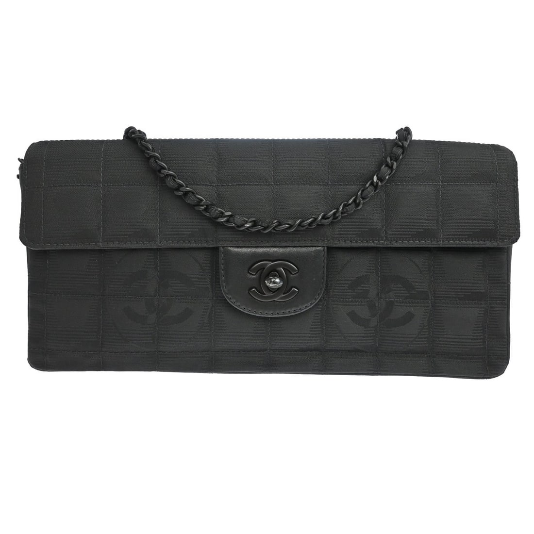 CHANEL Chocolate Bar Single Chain Shoulder Bag Black Jacquard Nylon: CHANEL Chocolate Bar Single Chain Shoulder Bag Black Jacquard Nylon Vintage Chanel East West shoulder bag in black jacquard nylon with lambskin lining. This medium shoulder bag features a turnlock clo