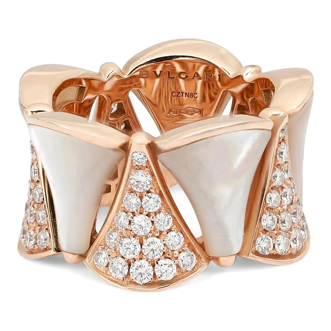 Bvlgari Divas' Dream 18K Rose Gold Band Ring Diamonds Mother of Pearl Size 52: Bvlgari Divas' Dream 18K Rose Gold Band Ring Diamonds Mother of Pearl Size 52 Bvlgari Divas' Dream band ring crafted in 18k rose gold with diamond and mother-of-pearl detailing. This women's ring feat