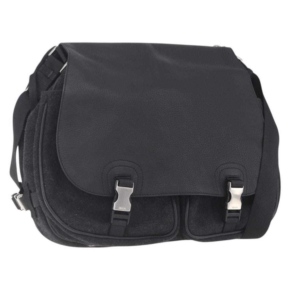 Prada Black Wool Shoulder Bag with Leather Trim Silver Tone: Prada Black Wool Shoulder Bag with Leather Trim Silver Tone Prada shoulder bag in black wool with silver-tone accents, made in Italy. This women's bag features a structured shoulder silhouette with an