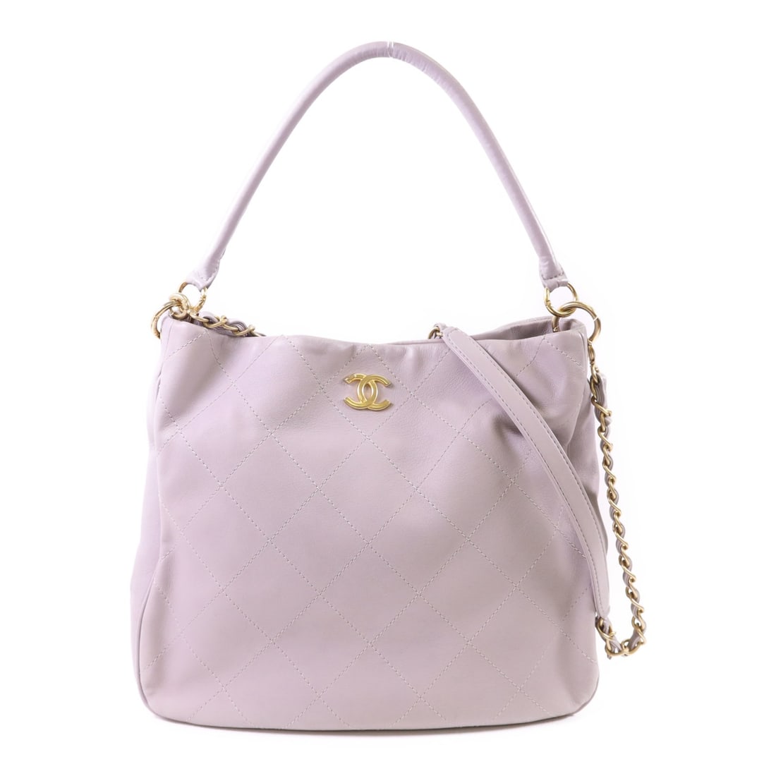 CHANEL CC 2 Way Shoulder Bag Gray Calfskin Leather GHW: CHANEL CC 2 Way Shoulder Bag Gray Calfskin Leather GHW Gray Chanel CC 2-way shoulder bag crafted from calfskin leather. This women's bag features a structured silhouette with a handle and shoulder str