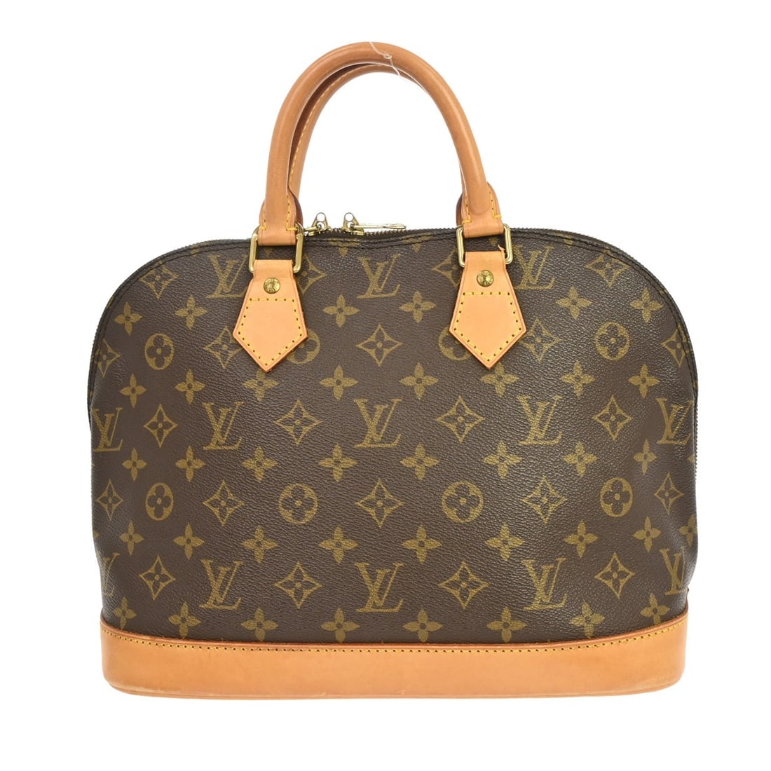 Louis Vuitton Vintage Alma Handbag in Brown Monogram Canvas: Louis Vuitton Vintage Alma Handbag in Brown Monogram Canvas Vintage Alma handbag in brown canvas from France. This piece shows visible wear consistent with age and use, including scuffs and stains to 