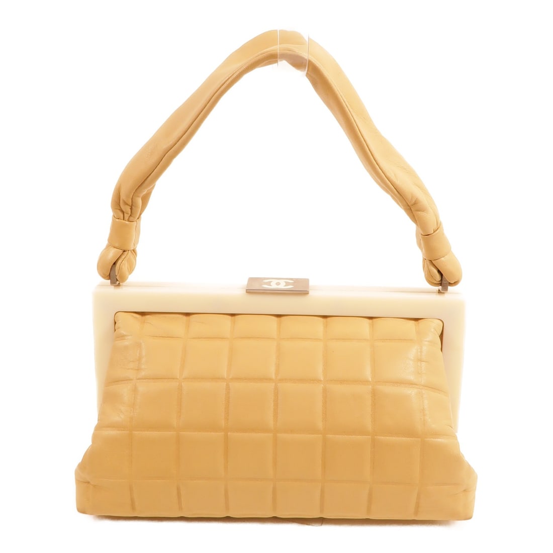 CHANEL CC Beige Lambskin Handbag with Silver Tone Hardware: CHANEL CC Beige Lambskin Handbag with Silver Tone Hardware CHANEL handbag in beige lambskin (sheep leather) with silver-tone hardware. It is a women's regular-size handbag made in France, with a beige