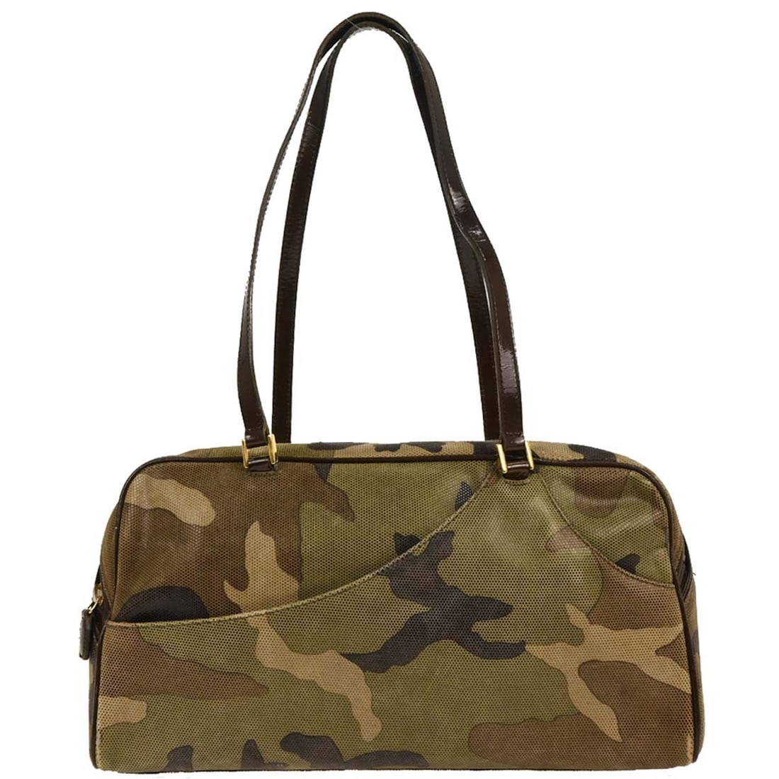 Dior BM-0031 Large Leather Camo Shoulder Bag for Women: Dior BM-0031 Large Leather Camo Shoulder Bag for Women Christian Dior camouflage shoulder bag in green, brown, and black leather with patent leather trim. This women's bag features double handles, a z