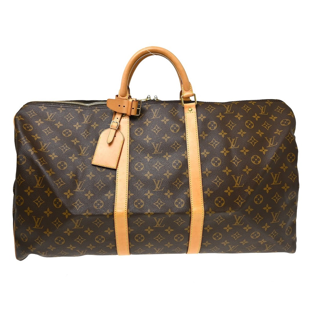 Louis Vuitton Keepall 60 Monogram Duffle Bag M41422 France: Louis Vuitton Keepall 60 Monogram Duffle Bag M41422 France Vintage Louis Vuitton Keepall 60 travel handbag in Monogram canvas and leather with double handles and zip closure. This extra large duffle-s