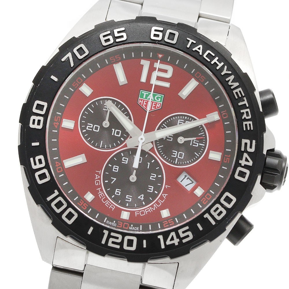 TAG Heuer Formula 1 CAZ101AN mens quartz chronograph watch: TAG Heuer Formula 1 CAZ101AN mens quartz chronograph watch Pre-owned TAG Heuer Formula 1 chronograph quartz men's wristwatch with a red and black dial, date display, and small seconds. This stainless 