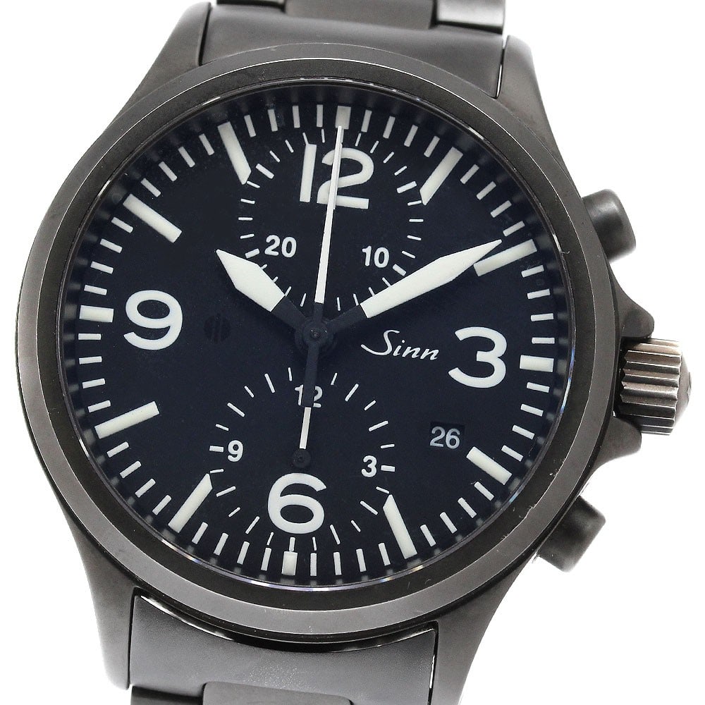 Sinn 756 automatic mens chronograph wristwatch with date: Sinn 756 automatic mens chronograph wristwatch with date Pre-owned Sinn 756 date chronograph automatic men's wristwatch with a black dial and stainless steel case and bracelet. Features include automa