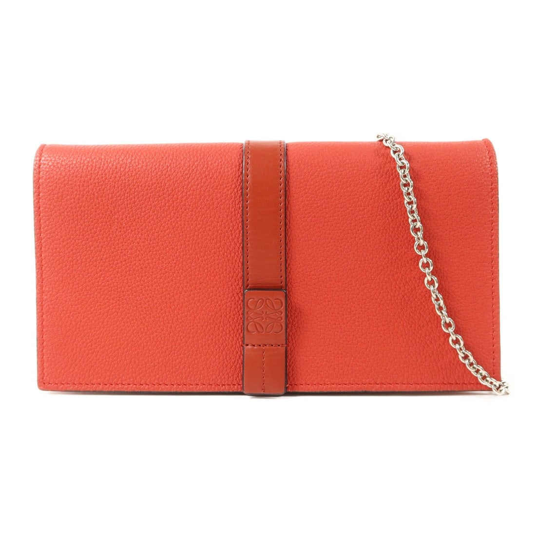 LOEWE Wallet On Chain Red Calfskin Shoulder Bag SHW: LOEWE Wallet On Chain Red Calfskin Shoulder Bag SHW LOEWE wallet on chain shoulder bag in red calfskin (cowhide) leather. It features a hook button closure, multiple interior open pockets, an interior