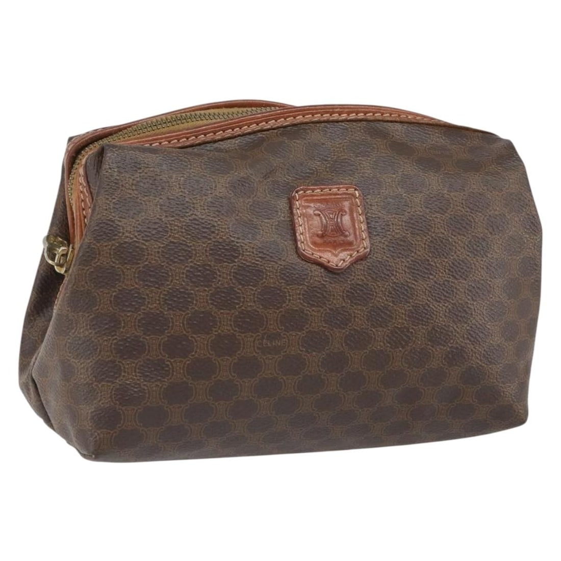 Celine Macadam Pochette Brown Canvas Leather Clutch Bag: Celine Macadam Pochette Brown Canvas Leather Clutch Bag This Celine Macadam Pochette is crafted from brown canvas with leather trim and designed for women. The bag features a compact silhouette and is