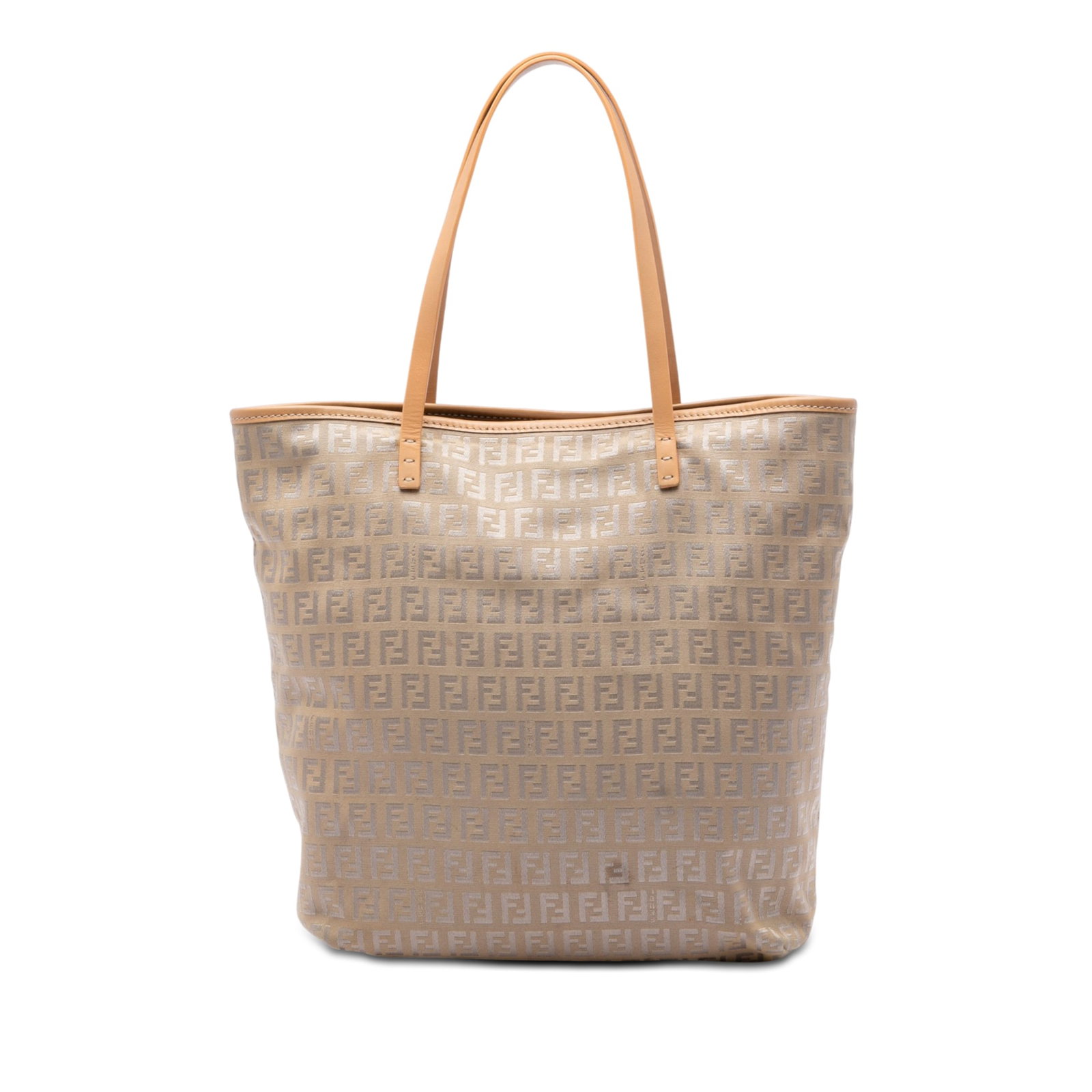 Fendi Zucchino Beige Canvas Tote Bag with Leather Trim: Fendi Zucchino Beige Canvas Tote Bag with Leather Trim Fendi Zucchino Canvas Tote in beige, made in Italy. This tote bag features a canvas body with leather trim, flat leather handles, and an open top