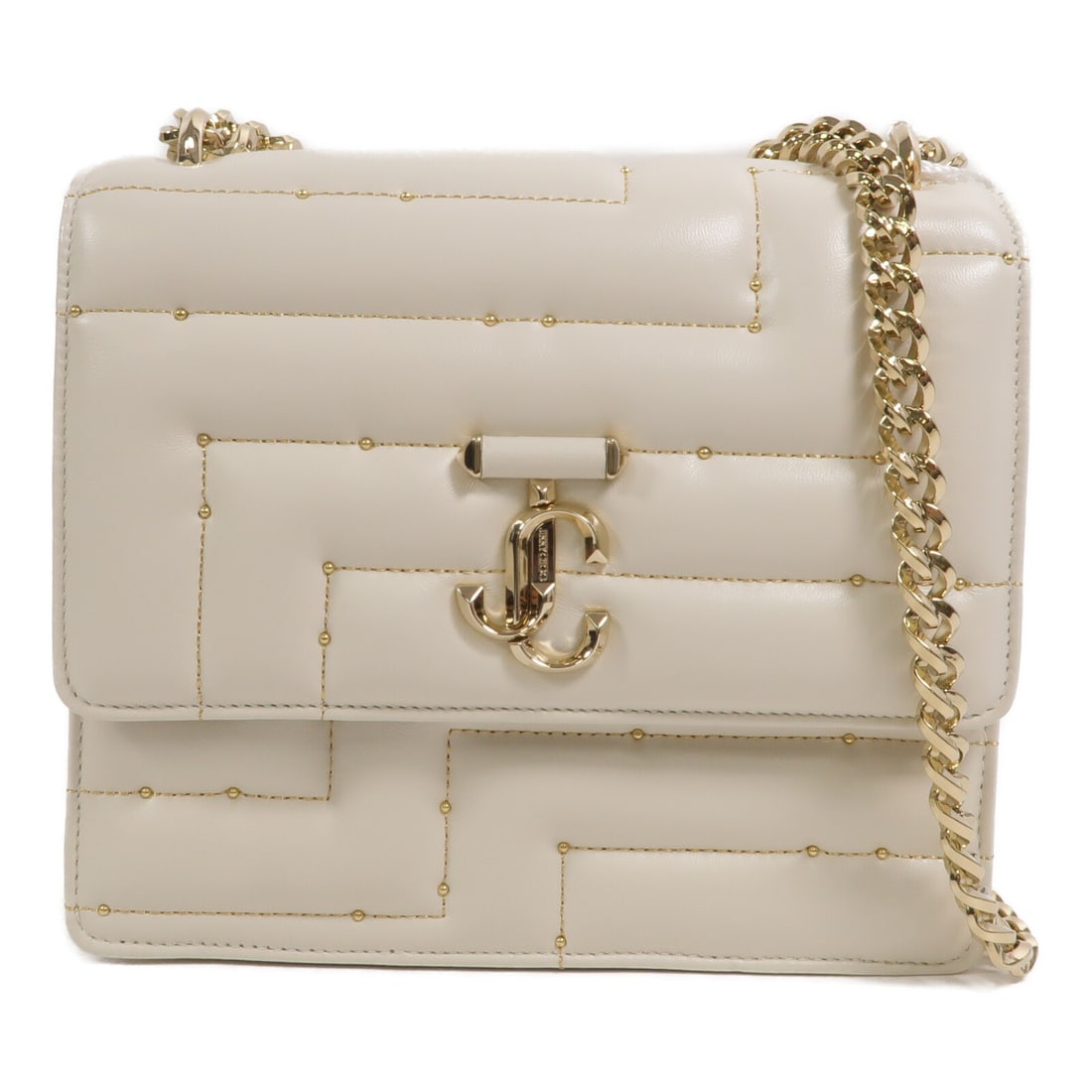 Jimmy Choo 2 Way Chain Shoulder Bag Beige Calfskin Leather: Jimmy Choo 2 Way Chain Shoulder Bag Beige Calfskin Leather A Jimmy Choo 2-way chain shoulder bag crafted from calfskin leather in beige and ivory. Designed for women, it features a magnetic pocket and