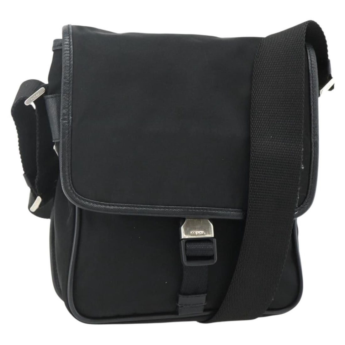PRADA Nylon Shoulder Bag Black Silver Leather Trim Italy: PRADA Nylon Shoulder Bag Black Silver Leather Trim Italy Authentic Prada shoulder bag in black nylon with silver-tone accents. This women's bag is made in Italy and features a compact silhouette with 