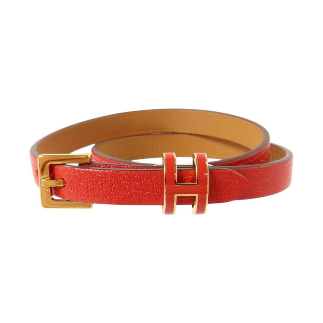 Hermes Pop H Double Tour Bracelet Rouge Casaque Chevre Leather: Hermes Pop H Double Tour Bracelet Rouge Casaque Chevre Leather Hermes Pop H Double Tour bracelet in Rouge Casaque Chevre goatskin leather. This women's bracelet features a double-wrap design with a Po